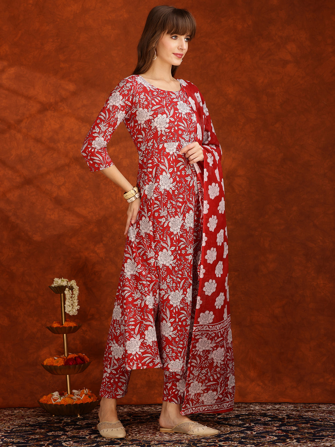 Floral Printed Flared Kurta With Pant & Dupatta, Maroon - Hiral Fashion | Grocsy