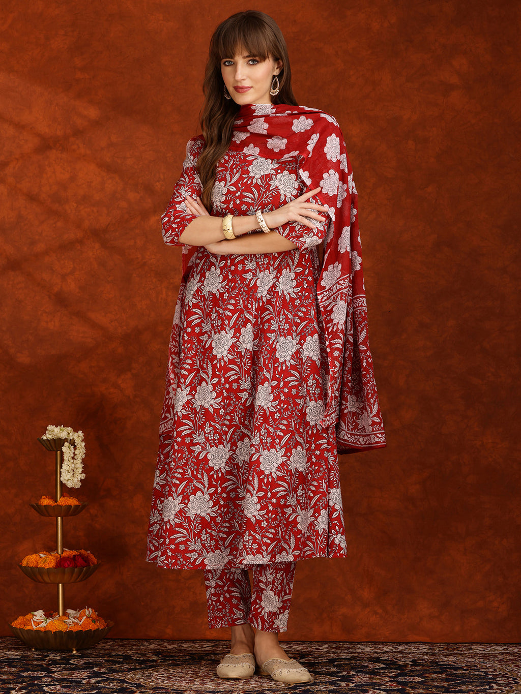 Floral Printed Flared Kurta With Pant & Dupatta, Maroon - Hiral Fashion | Grocsy