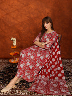 Floral Printed Flared Kurta With Pant & Dupatta, Maroon - Hiral Fashion | Grocsy