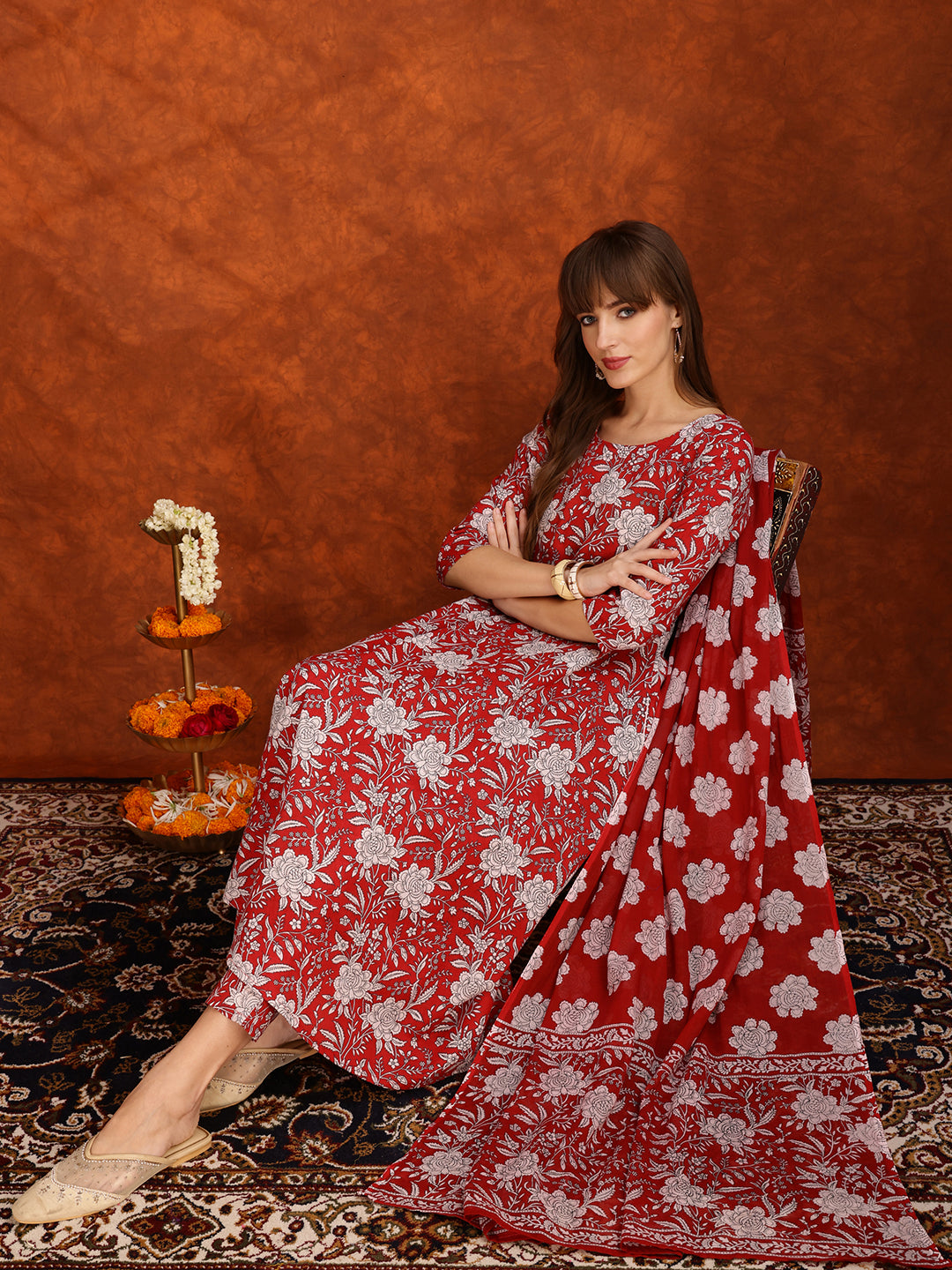 Floral Printed Flared Kurta With Pant & Dupatta, Maroon - Hiral Fashion | Grocsy