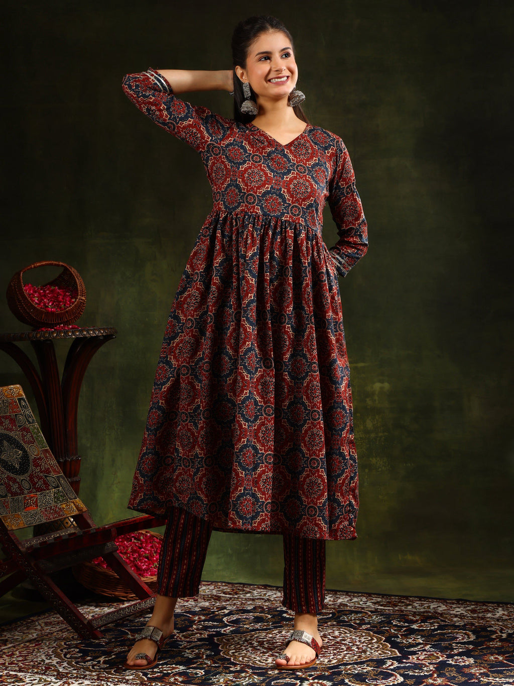 Printed Flared Anarkali Kurta With Pant & Dupatta, Rust - Hiral Fashion | Grocsy