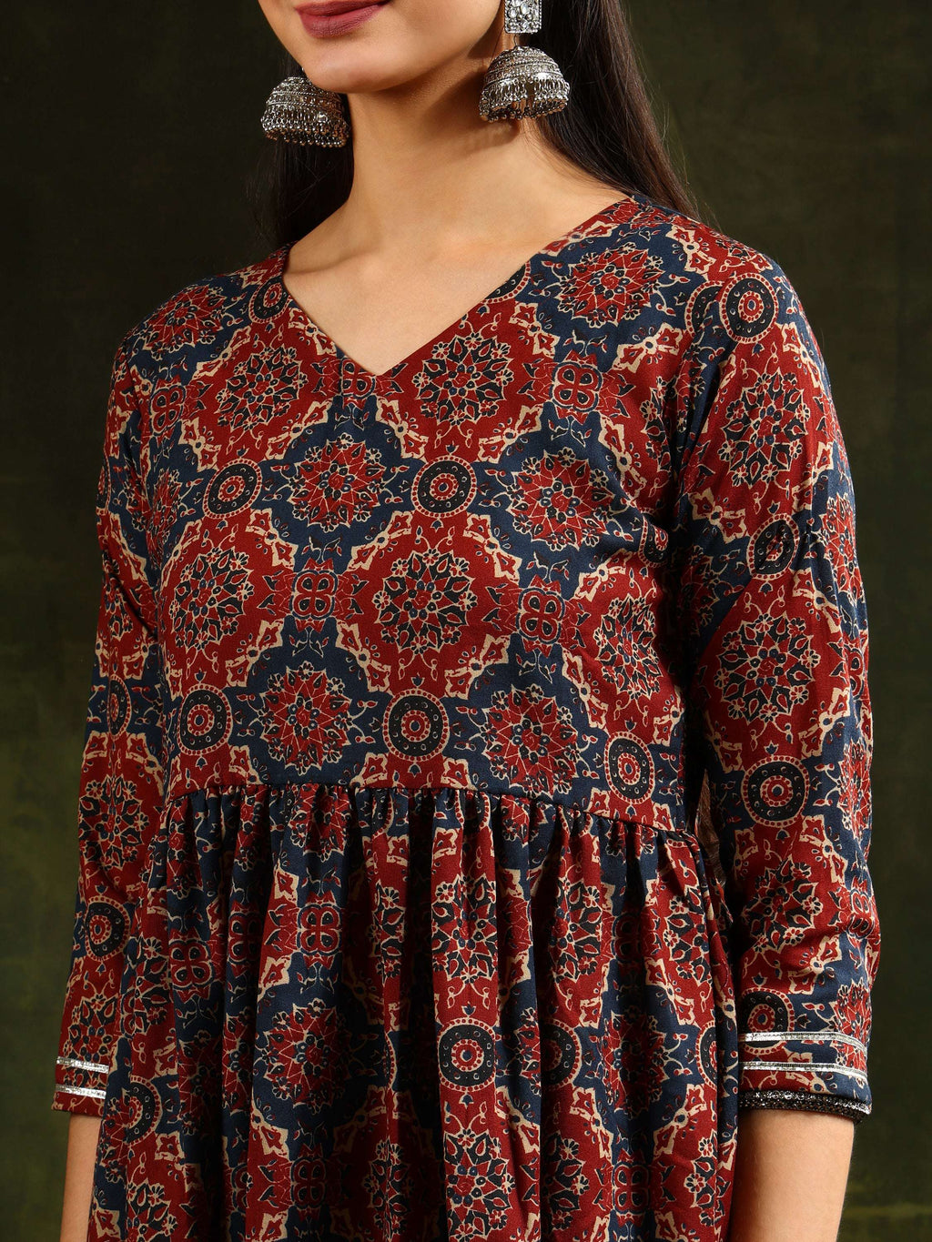 Printed Flared Anarkali Kurta With Pant & Dupatta, Rust - Hiral Fashion | Grocsy