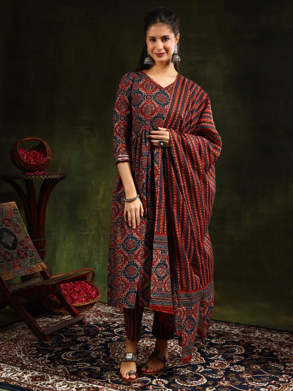 Printed Flared Anarkali Kurta With Pant & Dupatta, Rust - Hiral Fashion | Grocsy