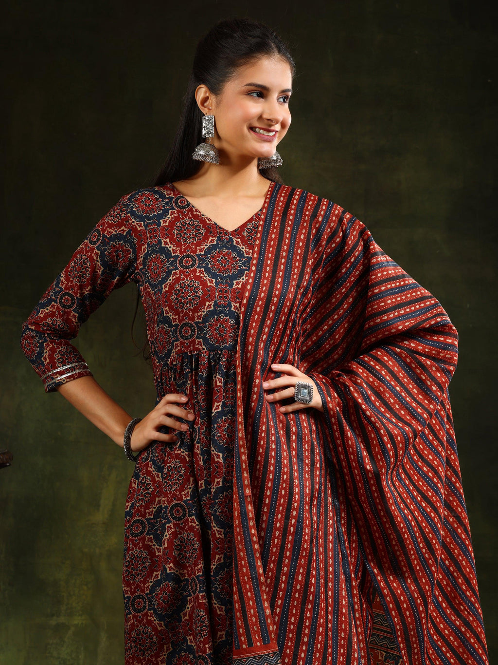 Printed Flared Anarkali Kurta With Pant & Dupatta, Rust - Hiral Fashion | Grocsy