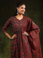 Printed Flared Anarkali Kurta With Pant & Dupatta, Rust - Hiral Fashion | Grocsy