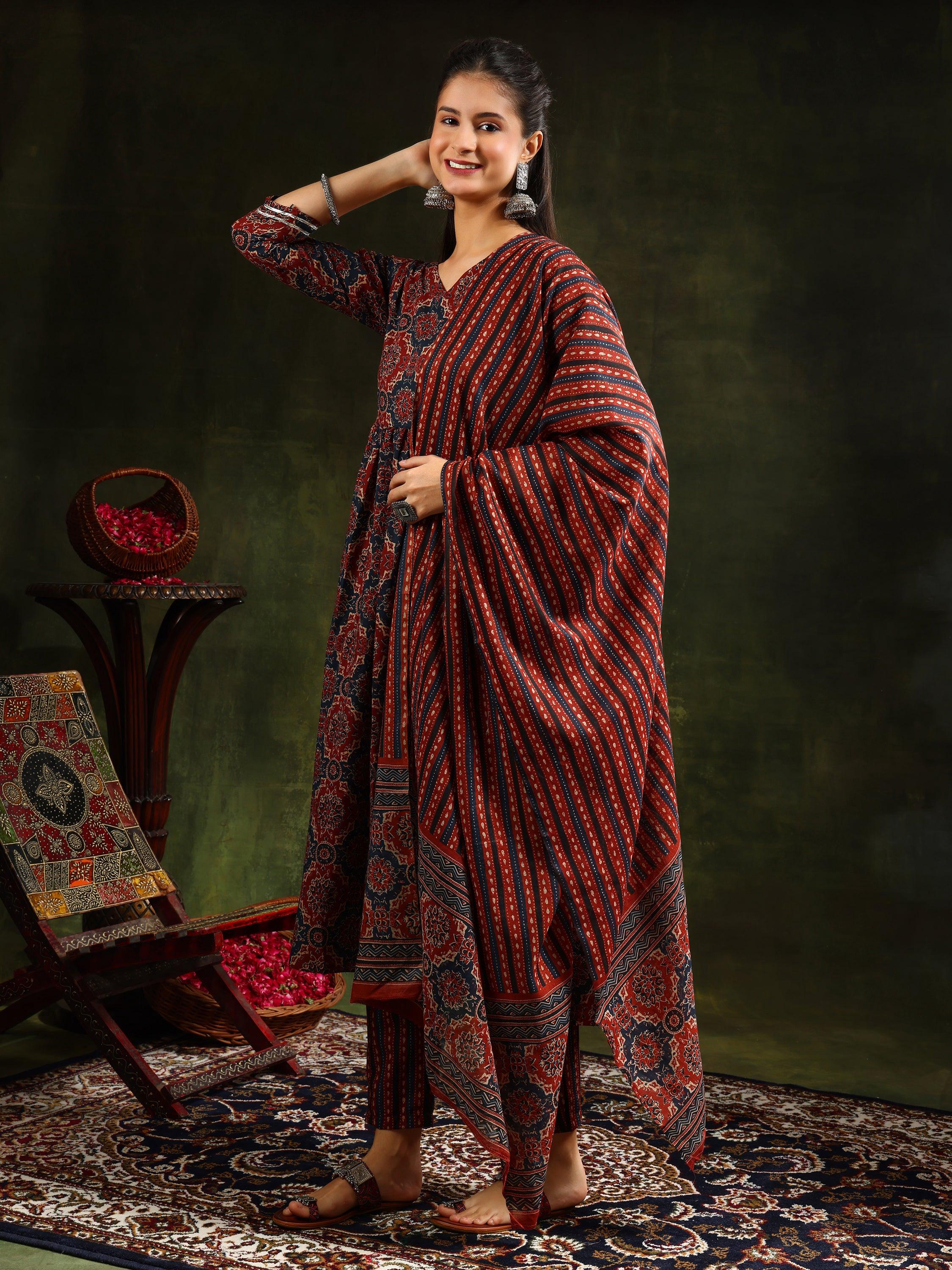 Printed Flared Anarkali Kurta With Pant & Dupatta, Rust - Hiral Fashion | Grocsy