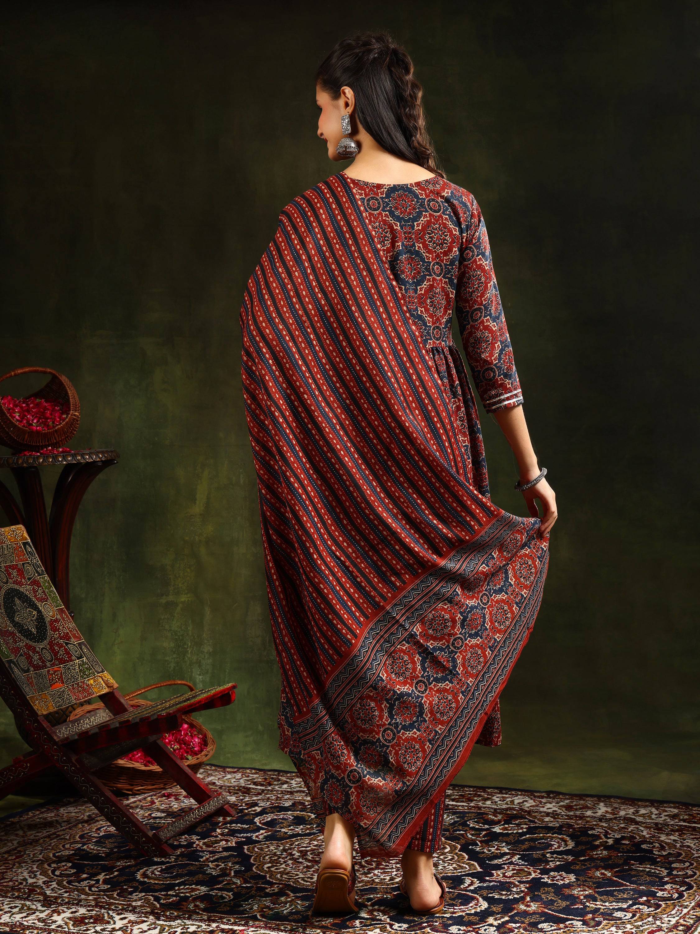Printed Flared Anarkali Kurta With Pant & Dupatta, Rust - Hiral Fashion | Grocsy