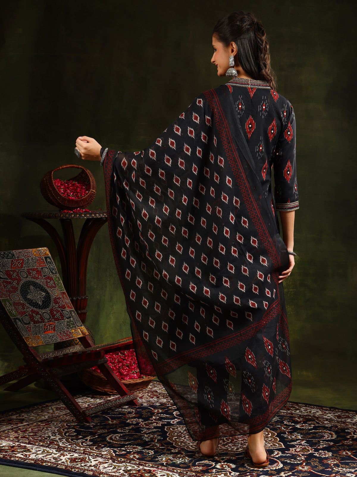 Ethnic Motifs Printed Aline Kurta With Pant & Dupatta, Black - Hiral Fashion | Grocsy