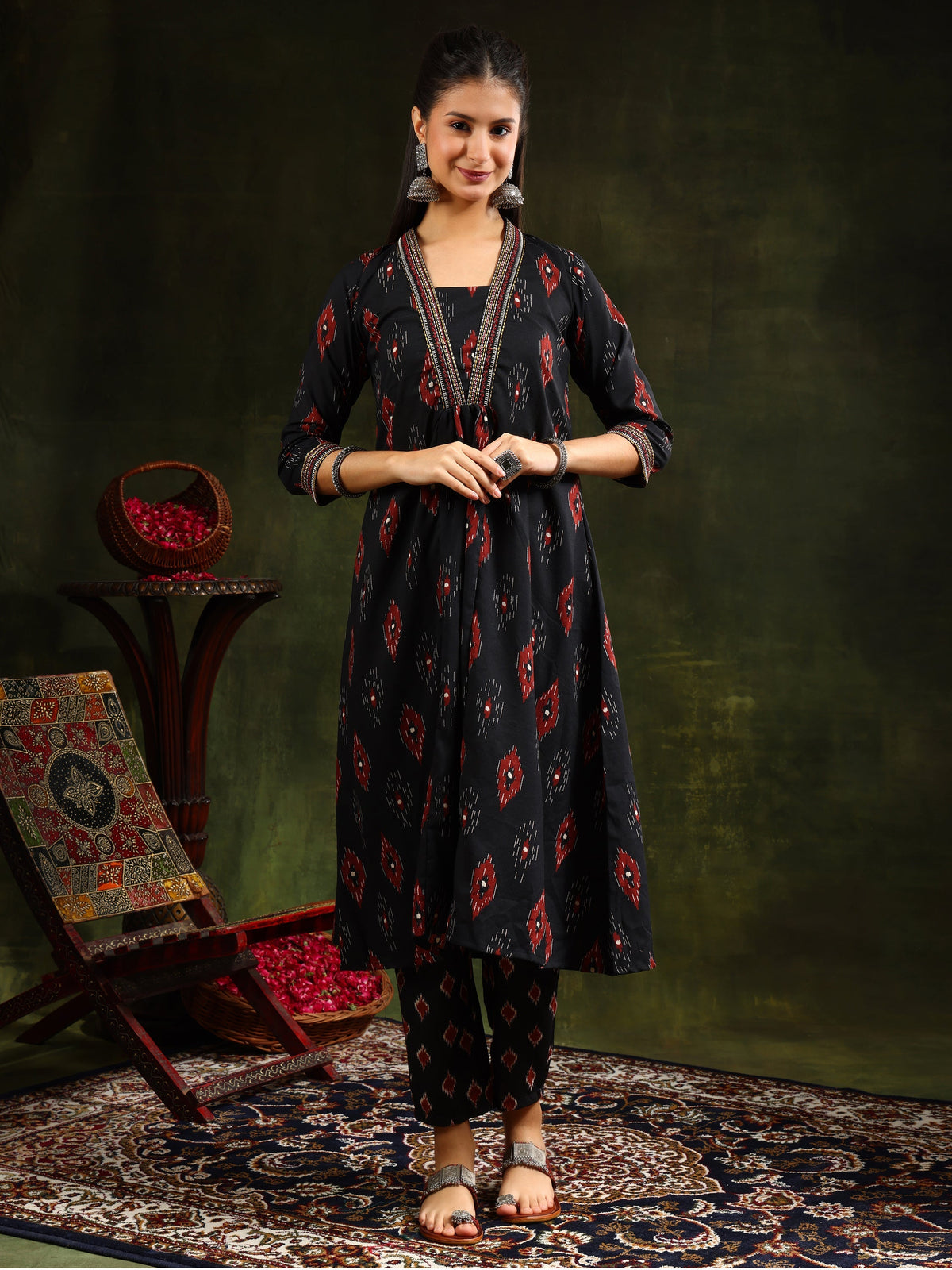 Ethnic Motifs Printed Aline Kurta With Pant & Dupatta, Black - Hiral Fashion | Grocsy