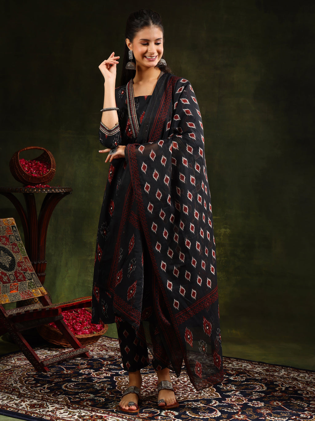 Ethnic Motifs Printed Aline Kurta With Pant & Dupatta, Black - Hiral Fashion | Grocsy