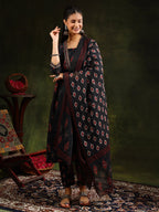 Ethnic Motifs Printed Aline Kurta With Pant & Dupatta, Black - Hiral Fashion | Grocsy
