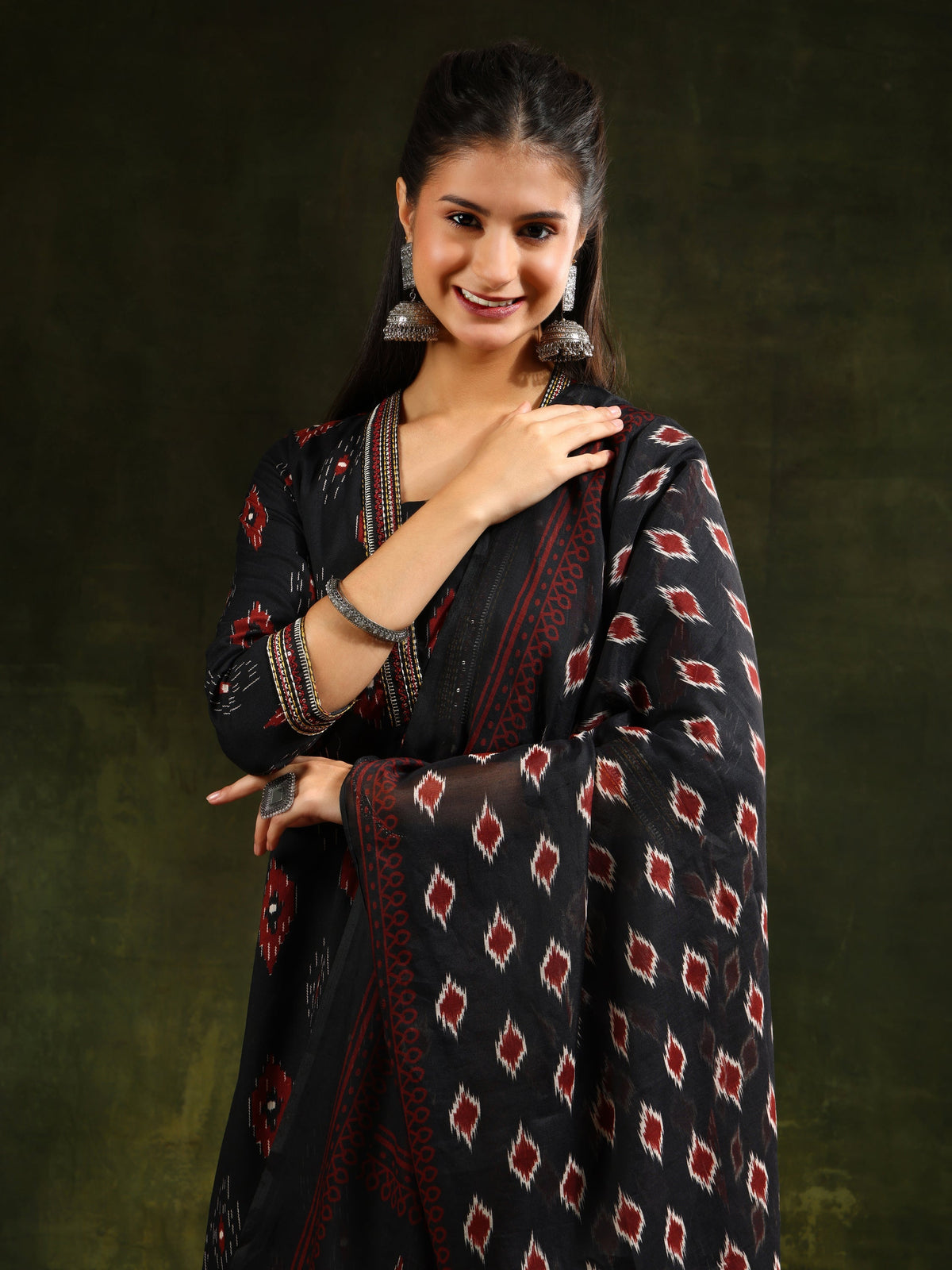 Ethnic Motifs Printed Aline Kurta With Pant & Dupatta, Black - Hiral Fashion | Grocsy