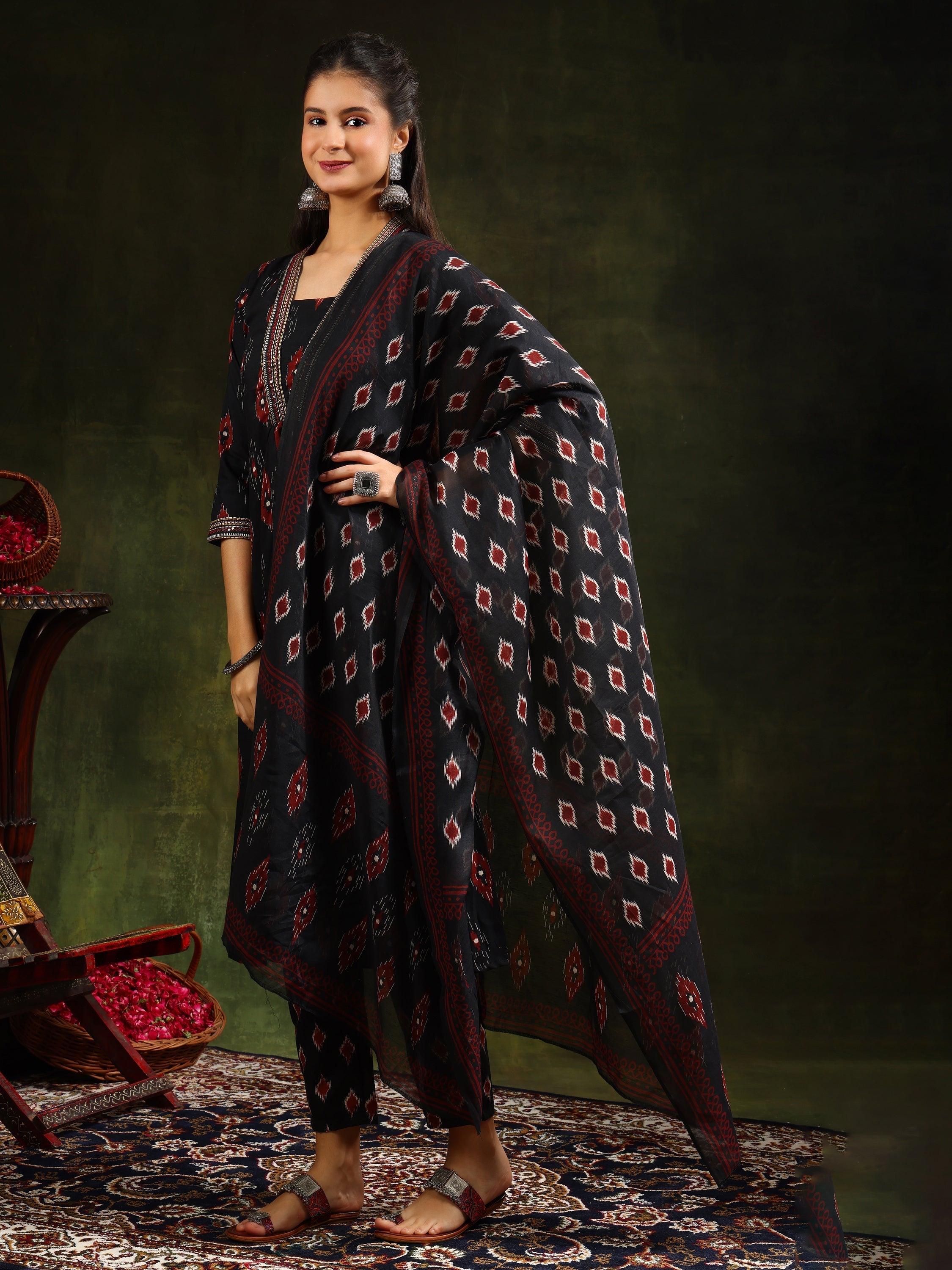 Ethnic Motifs Printed Aline Kurta With Pant & Dupatta, Black - Hiral Fashion | Grocsy