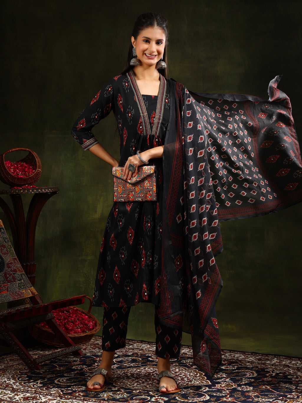 Ethnic Motifs Printed Aline Kurta With Pant & Dupatta, Black - Hiral Fashion | Grocsy