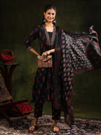 Ethnic Motifs Printed Aline Kurta With Pant & Dupatta, Black - Hiral Fashion | Grocsy