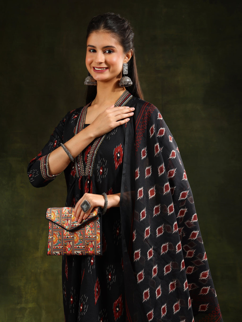 Ethnic Motifs Printed Aline Kurta With Pant & Dupatta, Black - Hiral Fashion | Grocsy