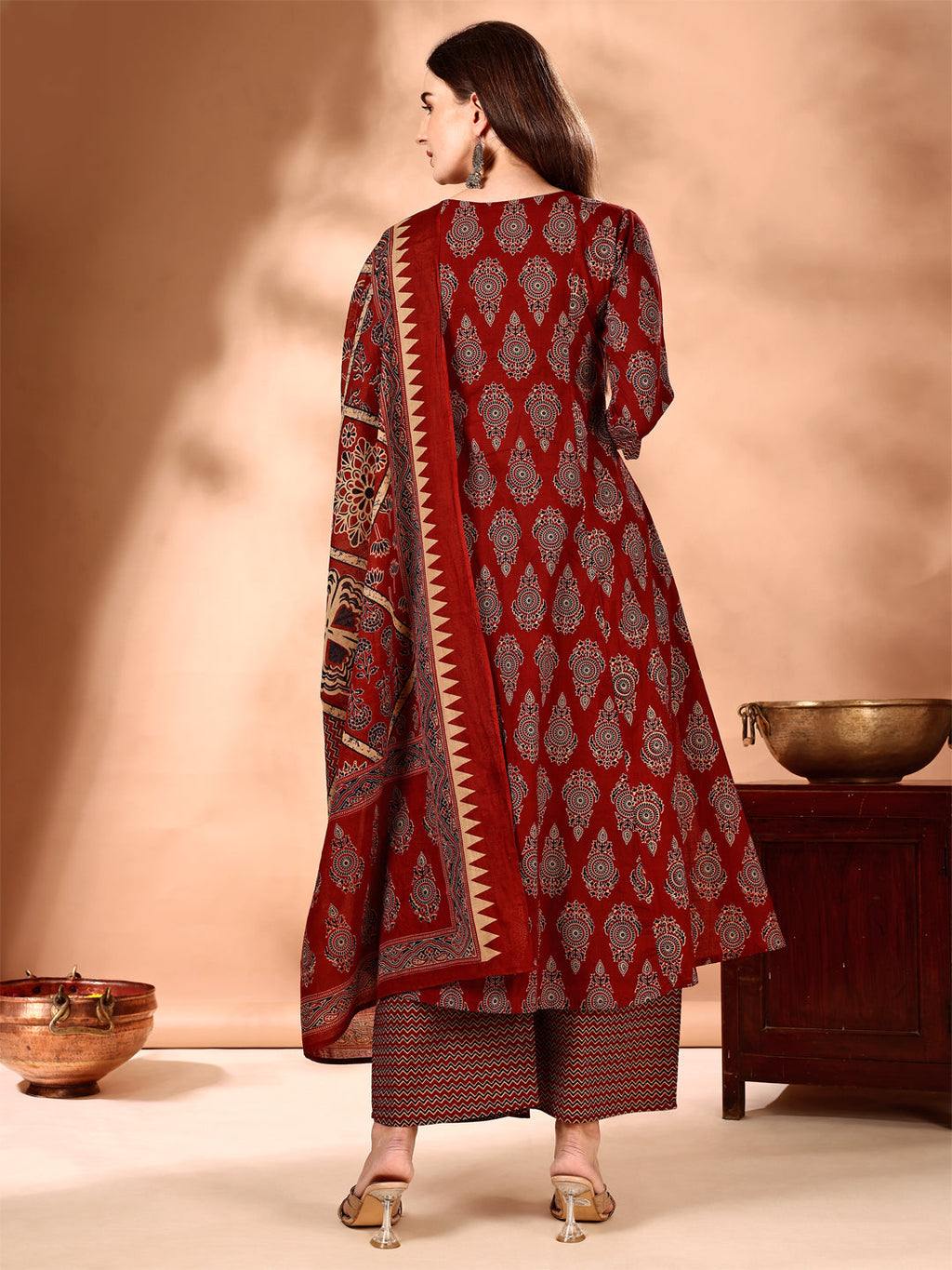 Flared Ethnic Motifs Printed Kurta With Palazzo Pant & Dupatta, Rust - Hiral Fashion | Grocsy