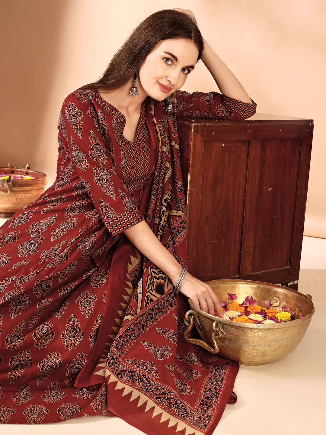 Flared Ethnic Motifs Printed Kurta With Palazzo Pant & Dupatta, Rust - Hiral Fashion | Grocsy