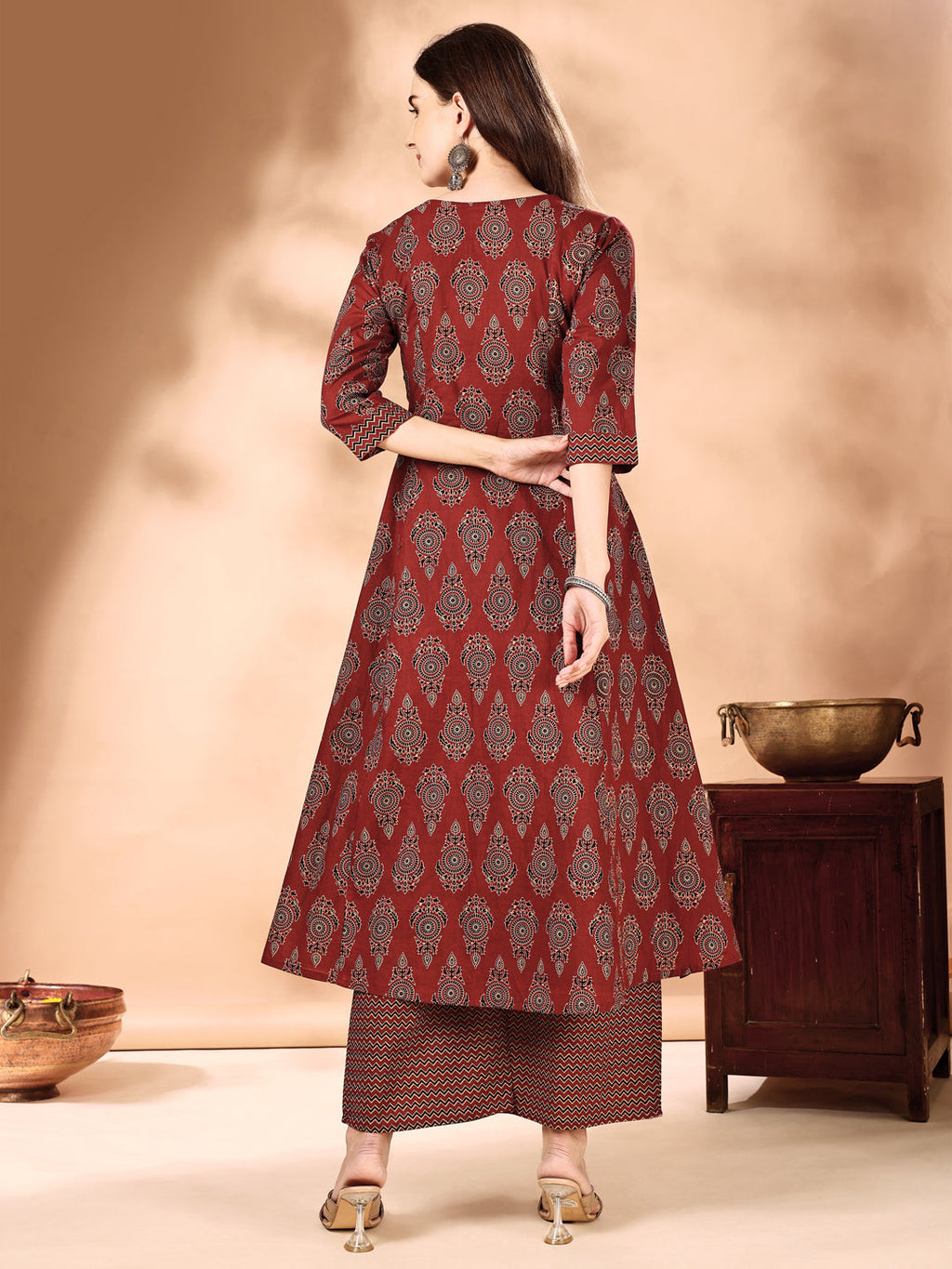 Flared Ethnic Motifs Printed Kurta With Palazzo Pant & Dupatta, Rust - Hiral Fashion | Grocsy