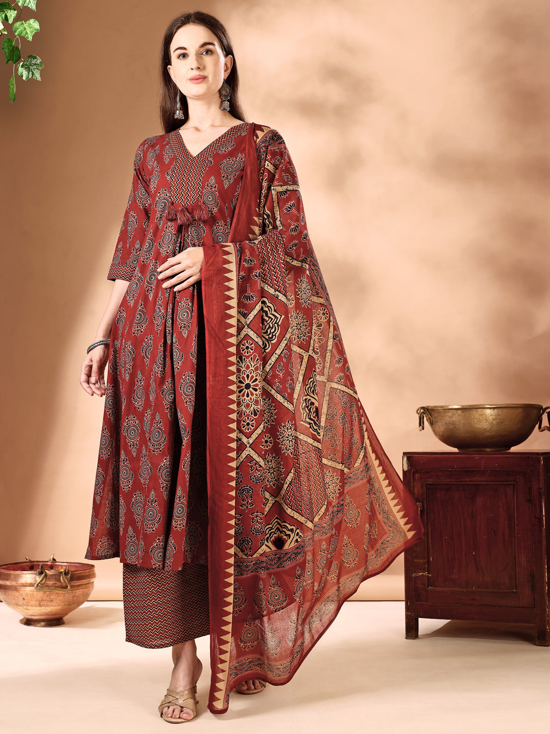 Flared Ethnic Motifs Printed Kurta With Palazzo Pant & Dupatta, Rust - Hiral Fashion | Grocsy