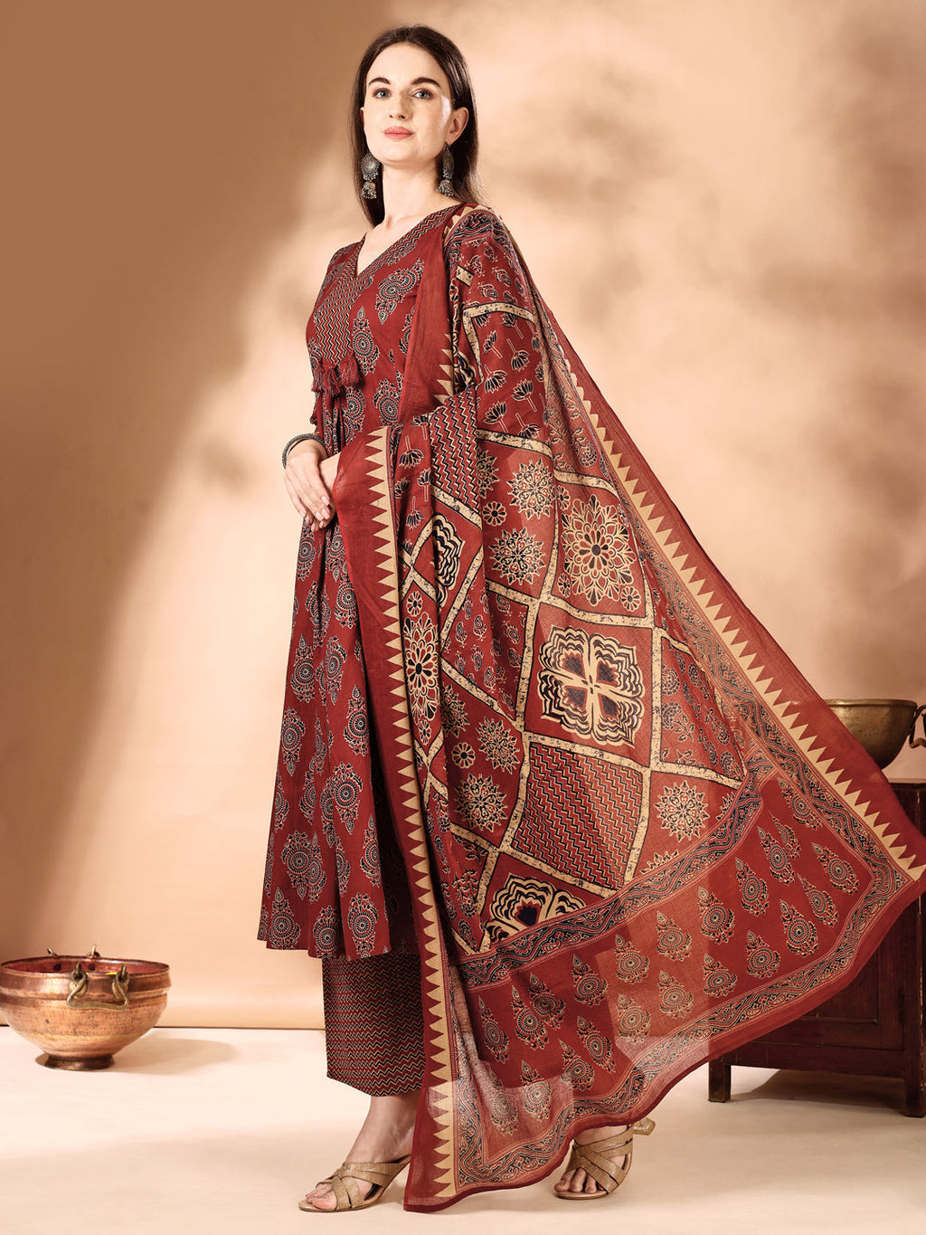 Flared Ethnic Motifs Printed Kurta With Palazzo Pant & Dupatta, Rust - Hiral Fashion | Grocsy