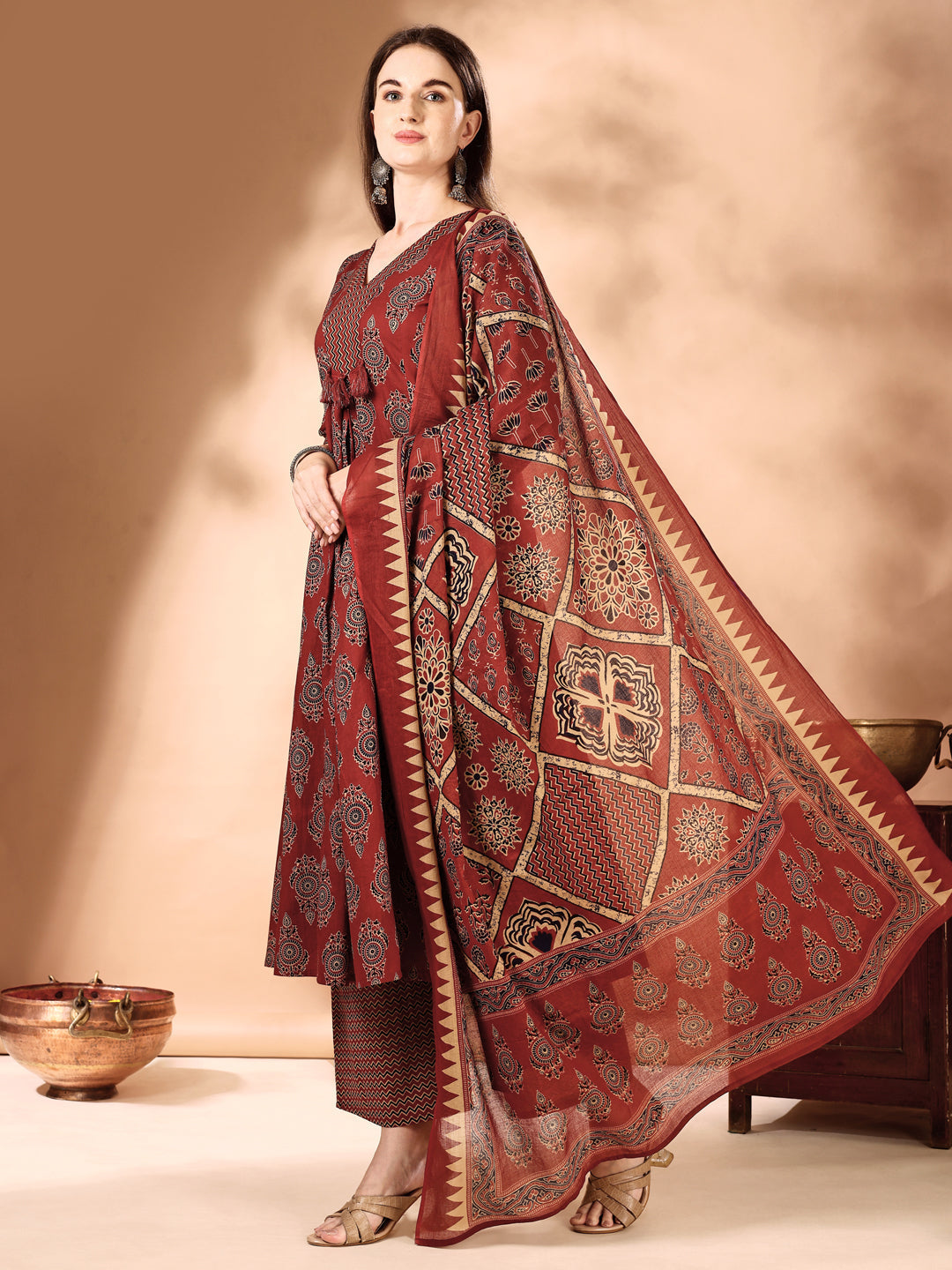 Flared Ethnic Motifs Printed Kurta With Palazzo Pant & Dupatta, Rust - Hiral Fashion | Grocsy