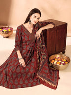 Flared Ethnic Motifs Printed Kurta With Palazzo Pant & Dupatta, Rust - Hiral Fashion | Grocsy