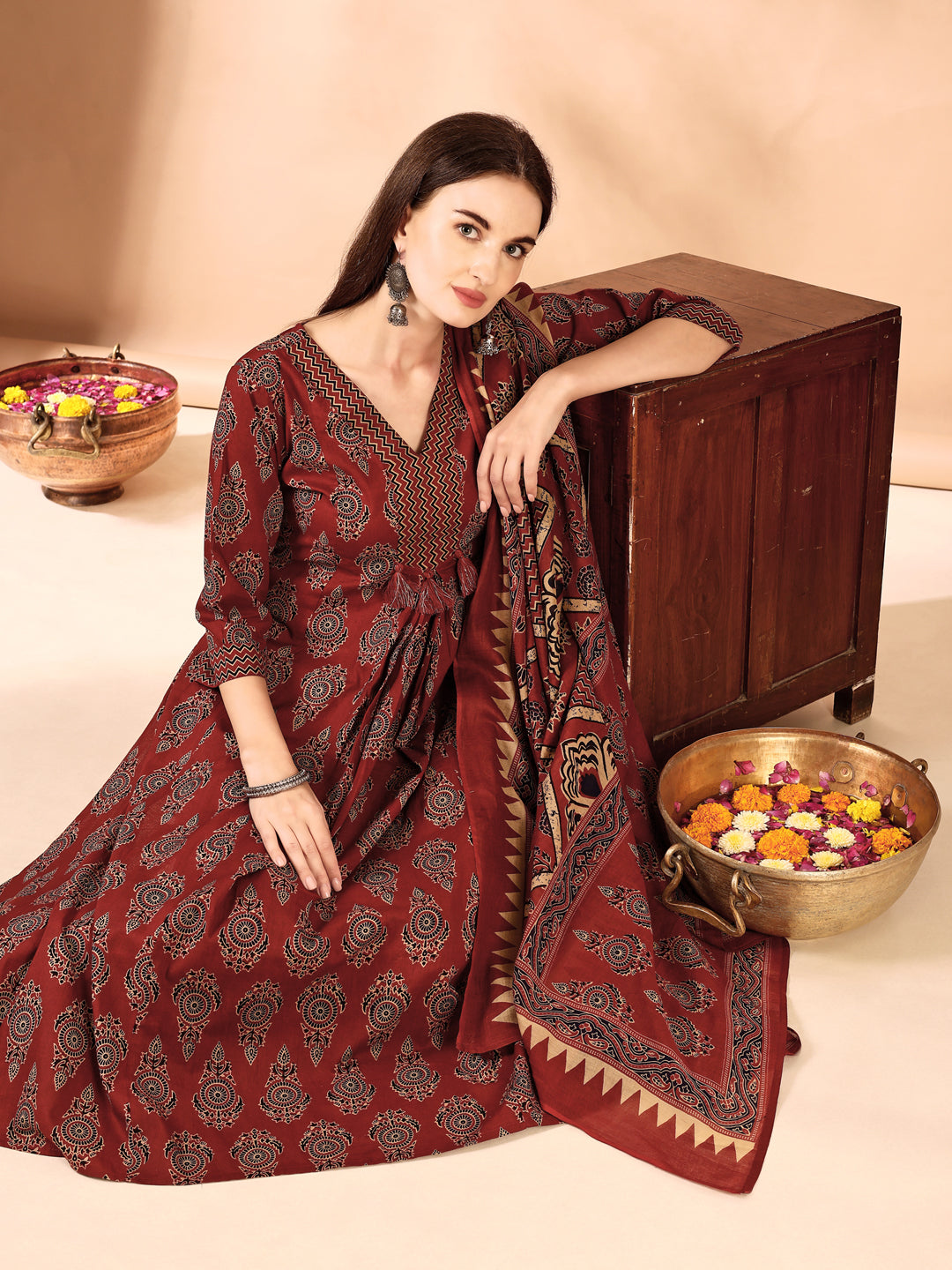 Flared Ethnic Motifs Printed Kurta With Palazzo Pant & Dupatta, Rust - Hiral Fashion | Grocsy