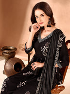 Embroidered & Ethnic Motifs Printed Flared Kurta With Pant & Dupatta, Black - Hiral Fashion | Grocsy