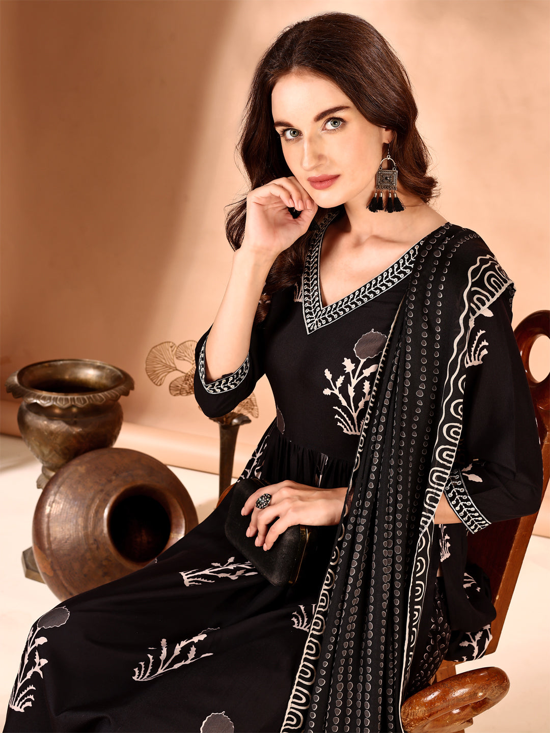Embroidered & Ethnic Motifs Printed Flared Kurta With Pant & Dupatta, Black - Hiral Fashion | Grocsy
