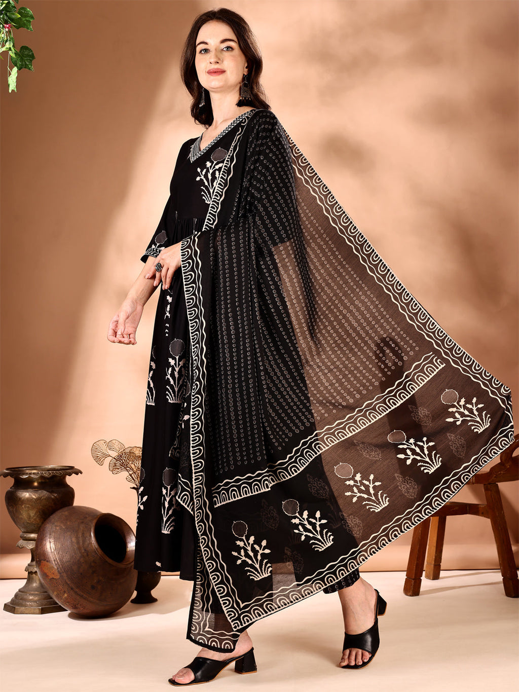 Embroidered & Ethnic Motifs Printed Flared Kurta With Pant & Dupatta, Black - Hiral Fashion | Grocsy