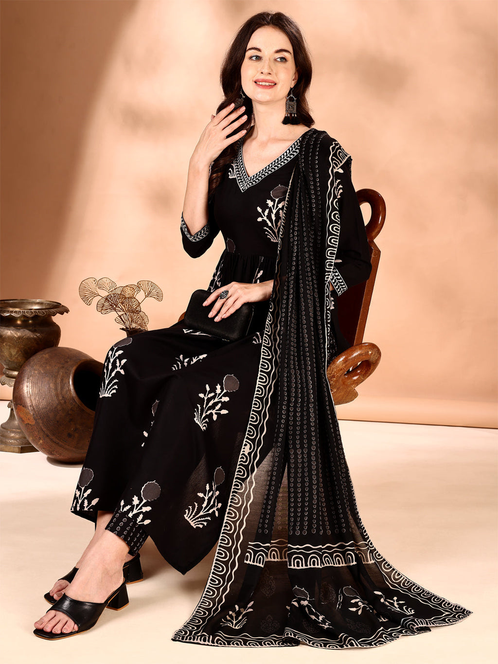 Embroidered & Ethnic Motifs Printed Flared Kurta With Pant & Dupatta, Black - Hiral Fashion | Grocsy