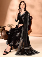 Embroidered & Ethnic Motifs Printed Flared Kurta With Pant & Dupatta, Black - Hiral Fashion | Grocsy