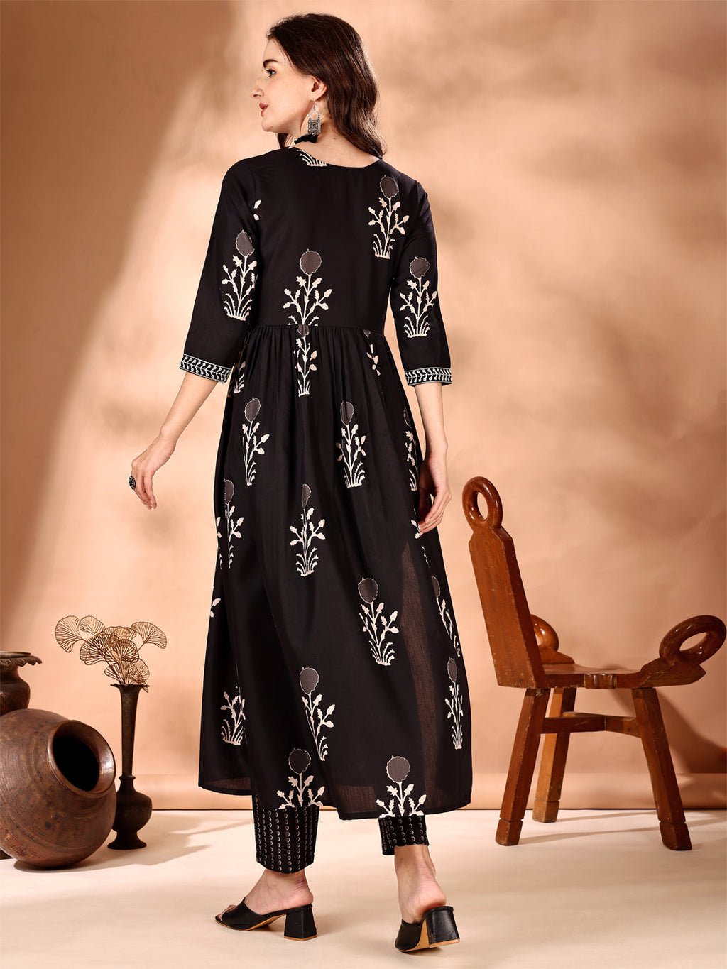 Embroidered & Ethnic Motifs Printed Flared Kurta With Pant & Dupatta, Black - Hiral Fashion | Grocsy