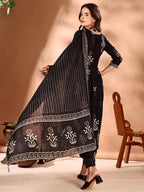 Embroidered & Ethnic Motifs Printed Flared Kurta With Pant & Dupatta, Black - Hiral Fashion | Grocsy