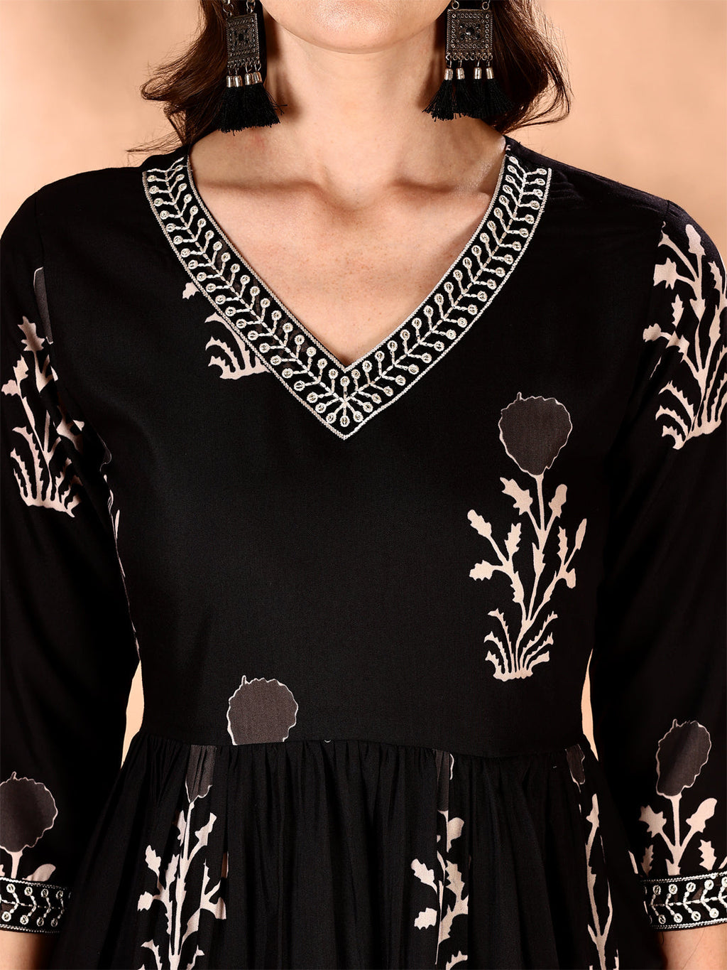Embroidered & Ethnic Motifs Printed Flared Kurta With Pant & Dupatta, Black - Hiral Fashion | Grocsy