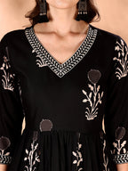 Embroidered & Ethnic Motifs Printed Flared Kurta With Pant & Dupatta, Black - Hiral Fashion | Grocsy