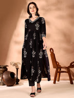 Embroidered & Ethnic Motifs Printed Flared Kurta With Pant & Dupatta, Black - Hiral Fashion | Grocsy