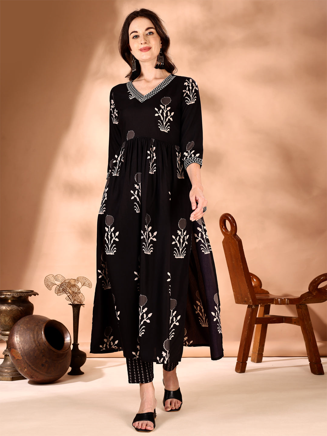 Embroidered & Ethnic Motifs Printed Flared Kurta With Pant & Dupatta, Black - Hiral Fashion | Grocsy