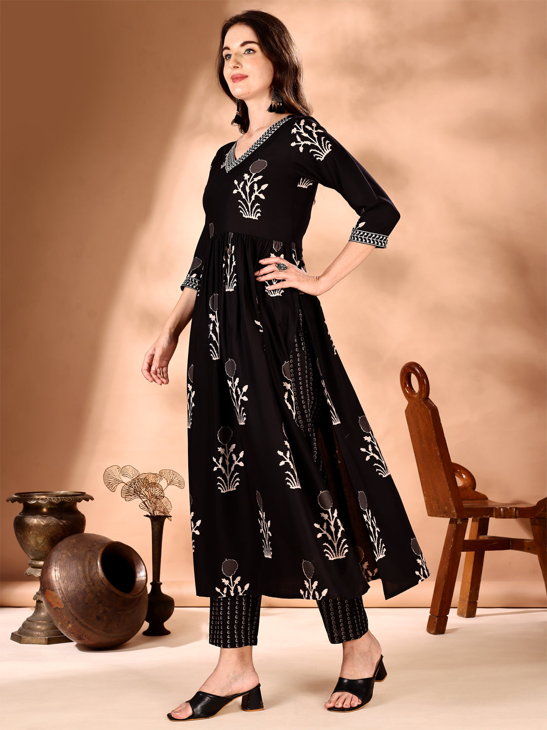 Embroidered & Ethnic Motifs Printed Flared Kurta With Pant & Dupatta, Black - Hiral Fashion | Grocsy