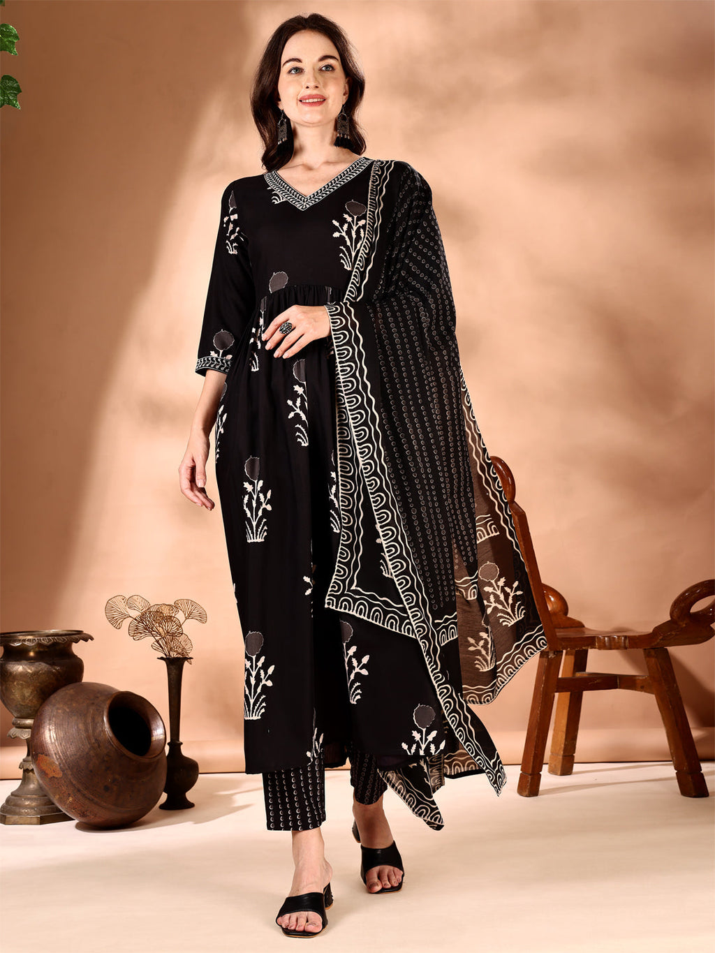 Embroidered & Ethnic Motifs Printed Flared Kurta With Pant & Dupatta, Black - Hiral Fashion | Grocsy