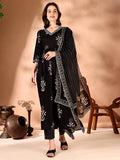 Embroidered & Ethnic Motifs Printed Flared Kurta With Pant & Dupatta, Black - Hiral Fashion | Grocsy