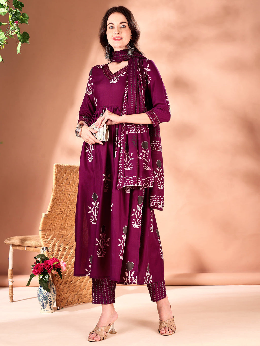 Embroidered & Ethnic Motifs Printed Flared Kurta With Pant & Dupatta, Purple - Hiral Fashion | Grocsy