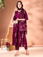 Embroidered & Ethnic Motifs Printed Flared Kurta With Pant & Dupatta, Purple - Hiral Fashion | Grocsy