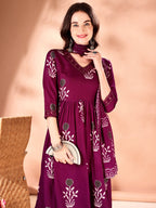 Embroidered & Ethnic Motifs Printed Flared Kurta With Pant & Dupatta, Purple - Hiral Fashion | Grocsy