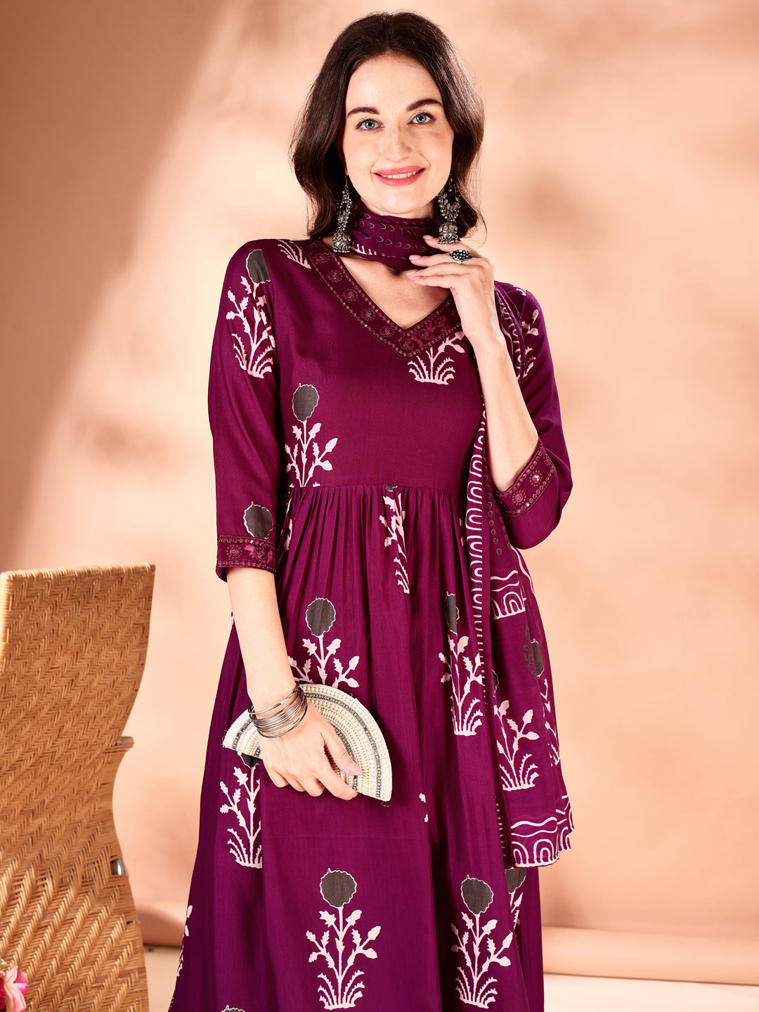 Embroidered & Ethnic Motifs Printed Flared Kurta With Pant & Dupatta, Purple - Hiral Fashion | Grocsy