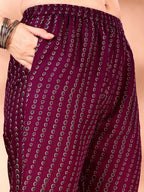 Embroidered & Ethnic Motifs Printed Flared Kurta With Pant & Dupatta, Purple - Hiral Fashion | Grocsy