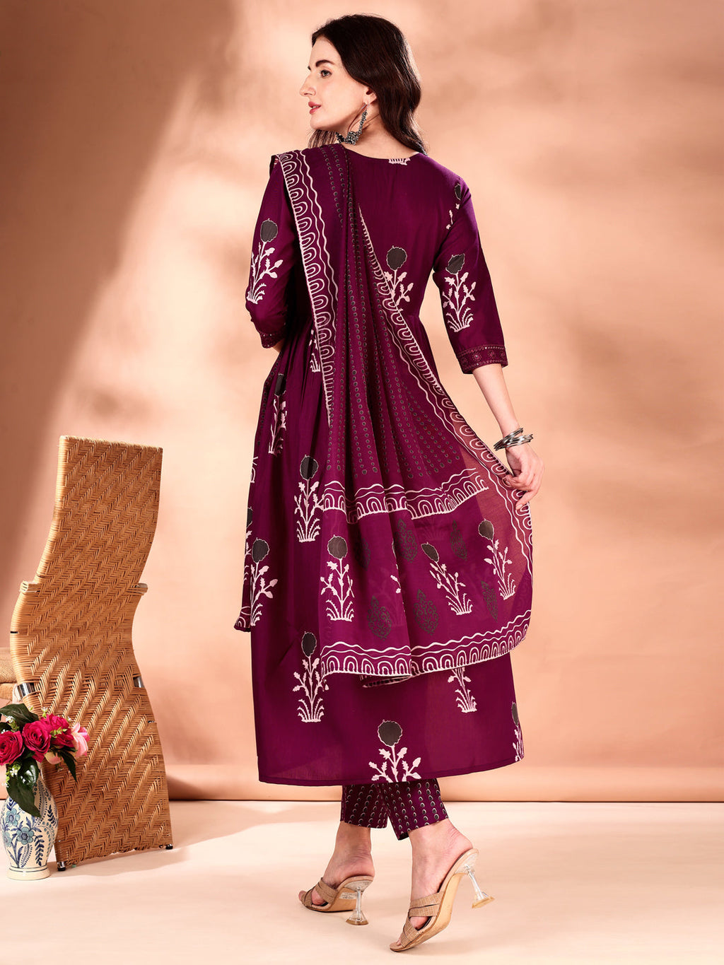 Embroidered & Ethnic Motifs Printed Flared Kurta With Pant & Dupatta, Purple - Hiral Fashion | Grocsy