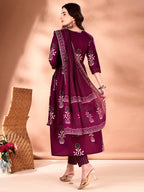Embroidered & Ethnic Motifs Printed Flared Kurta With Pant & Dupatta, Purple - Hiral Fashion | Grocsy