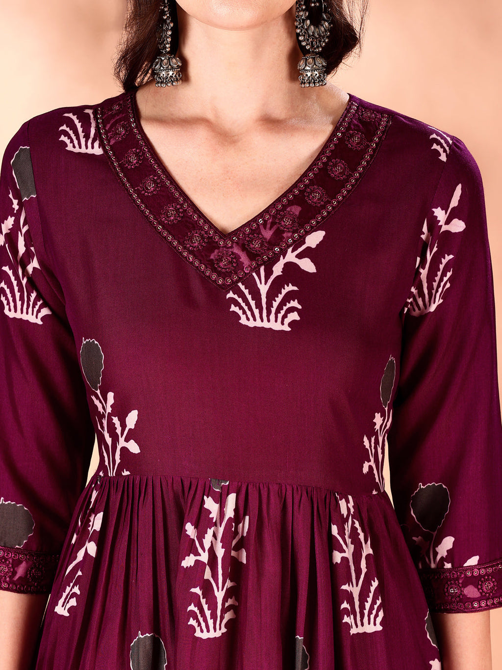 Embroidered & Ethnic Motifs Printed Flared Kurta With Pant & Dupatta, Purple - Hiral Fashion | Grocsy
